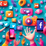 A digital illustration featuring a colorful array of stylized, eye-catching social media icons floating in a 3D space, with human hands reaching out from various directions to interact with them, symb