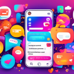 A digital illustration depicting a vibrant Instagram chat interface with an open direct message (DM) window, showcasing various creative message bubbles, emojis, and interactive elements like GIFs and