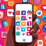 DALL-E Prompt: A hand holding a smartphone with an open Instagram app, displaying a vibrant and eye-catching message on the screen. The background is a colorful collage of various social media icons a