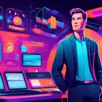 A digital illustration depicting a successful online business owner standing confidently in front of a vibrant, futuristic dashboard with the Kartra logo prominently displayed. The dashboard showcases