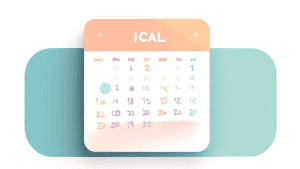 DALL-E prompt: A minimalist digital illustration showing a calendar app icon with the text 'iCal' below it, set against a clean, white background with simple geometric shapes and lines in soft pastel