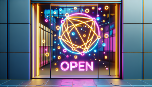A storefront window with a neon Open sign and an Authorize.net logo.