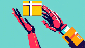 A robot arm handing a package to a person's outstretched hands
