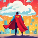 A server wearing a superhero cape, growing in size with cloud icons expanding behind it