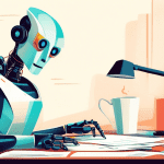 A sleek robot working at a desk, surrounded by papers and coffee, with a determined expression on its face