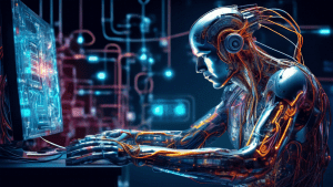 A surreal image of a cyborg working at a computer, with wires and circuits extending from their body and connecting to the machine, symbolizing enhanced productivity and efficiency.