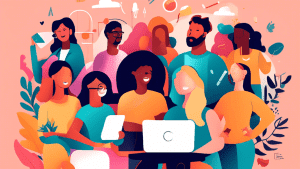 Imagine a colorful and engaging digital illustration depicting a diverse group of people, from students to professionals, all collaborating on various graphic design projects using Canva. They are sur