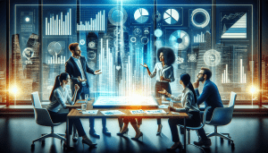 A digital artwork portraying a diverse group of people in business attire gathered around a large, glowing computer screen, actively discussing and analyzing data charts and graphs that illustrate bus