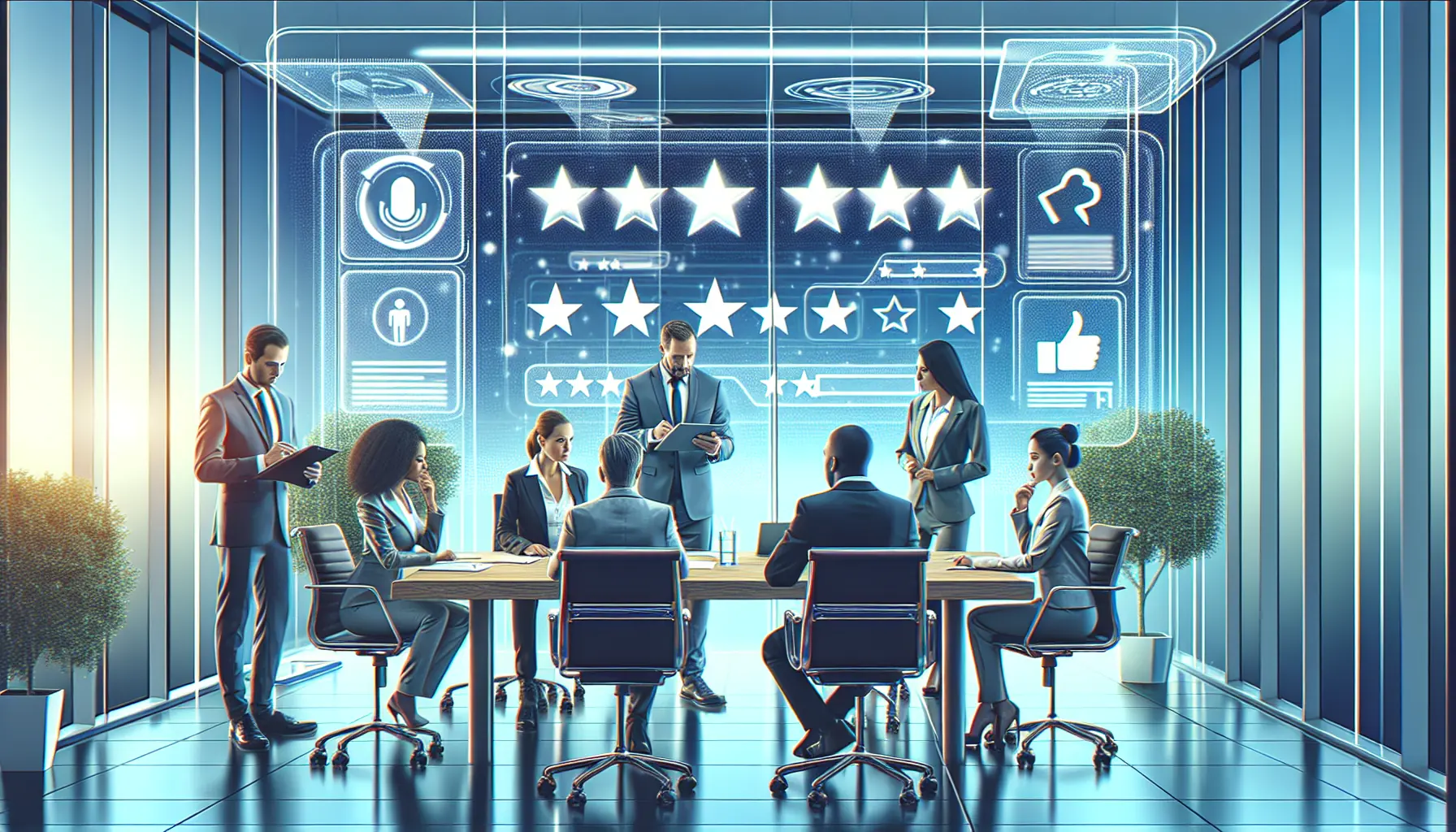 A digital painting of a modern office meeting room where a diverse group of business professionals is evaluating different digital screens displaying star ratings and customer reviews, with transparen