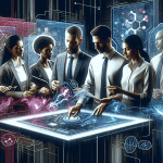 An intricate digital artwork depicting a diverse group of professionals gathered around a high-tech holographic display, collaboratively selecting tools from a floating, interactive interface showcasi