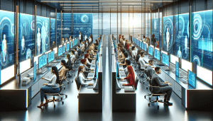 A digital artwork of a futuristic customer service center, with diverse employees using advanced holographic displays to manage customer contacts efficiently, depicted in a sleek, modern office enviro