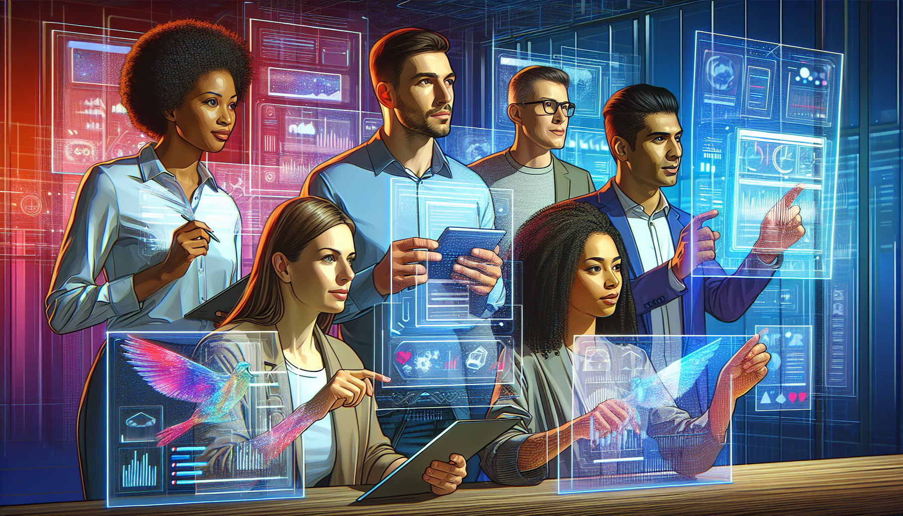 An intricate digital painting of a diverse group of technology professionals collaboratively engaged in a detailed analysis of various subscription management tools displayed on multiple futuristic, h