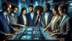 An array of diverse business executives analyzing and comparing software on large screens in a high-tech digital environment, emphasizing futuristic and interactive technology elements.