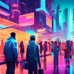 A futuristic cityscape with people using glowing phones to pay for items with a single tap. Buildings and transportation should reflect advanced technology.