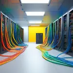 A server room with cables being dynamically plugged and unplugged, representing resource allocation.