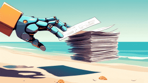 A robot hand holding a stack of invoices with a serene beach scene in the background.