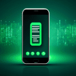 DALL-E Prompt: A modern smartphone displaying a list of phone numbers on its screen, with a green check mark icon next to each number, set against a futuristic digital background with binary code and