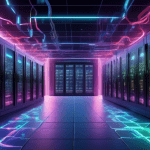 A futuristic server room with the Google logo prominently displayed, cables flowing like rivers of data, and glowing lights indicating activity.