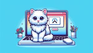 A cute, fluffy white kitten looking confused in front of a laptop that displays a page not found error message.