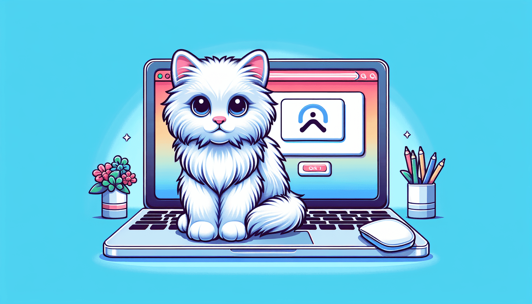 A cute, fluffy white kitten looking confused in front of a laptop that displays a page not found error message.