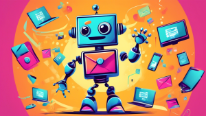 A friendly robot juggles marketing tools like email, funnels, and websites, with a cheerful expression on its face.