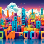 A futuristic cityscape made of colorful building blocks, with the words Low-Code written in the sky.