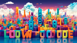 A futuristic cityscape made of colorful building blocks, with the words Low-Code written in the sky.