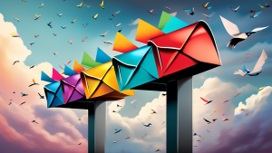 A sleek, metallic mailbox with an array of colorful envelopes soaring out of it like a flock of birds, against a backdrop of a cloudy sky.