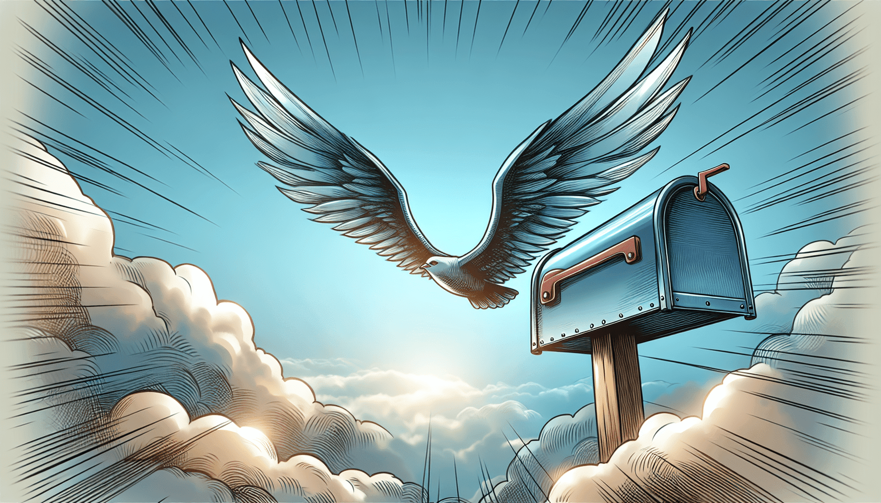 A sleek, metallic mailbox with wings, soaring through a cloudy sky.