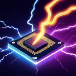 A computer processor chip is suddenly struck by a bolt of lightning