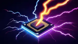 A computer processor chip is suddenly struck by a bolt of lightning