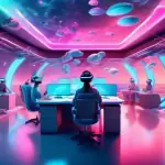 A surreal and futuristic office where employees use VR headsets and interact with holographic interfaces while floating in zero gravity