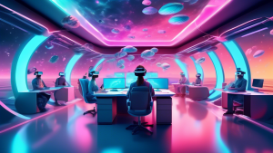 A surreal and futuristic office where employees use VR headsets and interact with holographic interfaces while floating in zero gravity