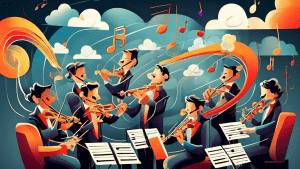A conductor leading an orchestra of cloud services, each represented by a different instrument playing in harmony.