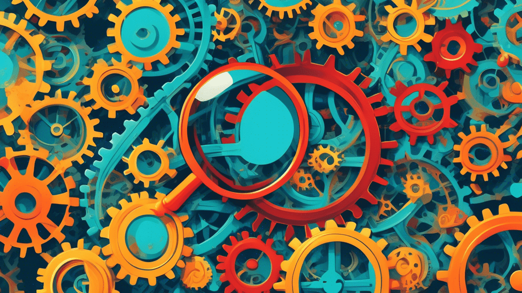 A magnifying glass hovering over a network of interconnected gears and cogs, representing business processes.