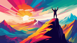 A person standing on a mountain peak, arms raised in victory, overlooking a vast landscape.
