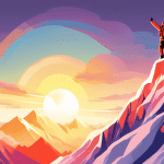 A lone climber reaches the summit of a snow-capped mountain, arms raised in victory as the sun rises behind them.