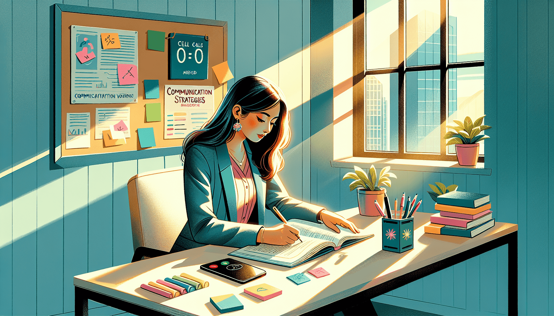 A serene office environment with a professional woman sitting at a modern desk, surrounded by sticky notes and a digital display showing missed calls, while she thoughtfully takes notes from a self-he