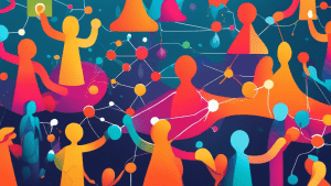 A vibrant illustration of people connecting and referring others to join a network, with symbols representing rewards and growth.
