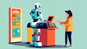 A robot helping a customer at a self-service checkout kiosk