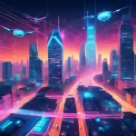 A futuristic cityscape with flying cars soaring between skyscrapers and drones delivering packages, all controlled by a central AI system with glowing lines of light connecting vehicles and displaying