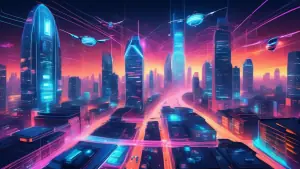 A futuristic cityscape with flying cars soaring between skyscrapers and drones delivering packages, all controlled by a central AI system with glowing lines of light connecting vehicles and displaying
