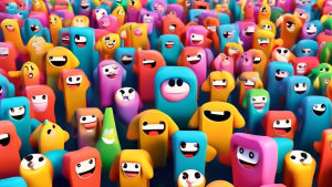 A 3D render of friendly-looking social media icons gathering for a group photo, smiling and waving at the camera.
