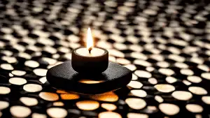 A serene black and white photo of a Go board with black and white stones arranged in a complex pattern, with the warm glow of a candle illuminating the board from the side
