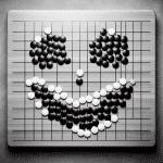 A black and white photo of a Go board with the winning stones forming a happy face