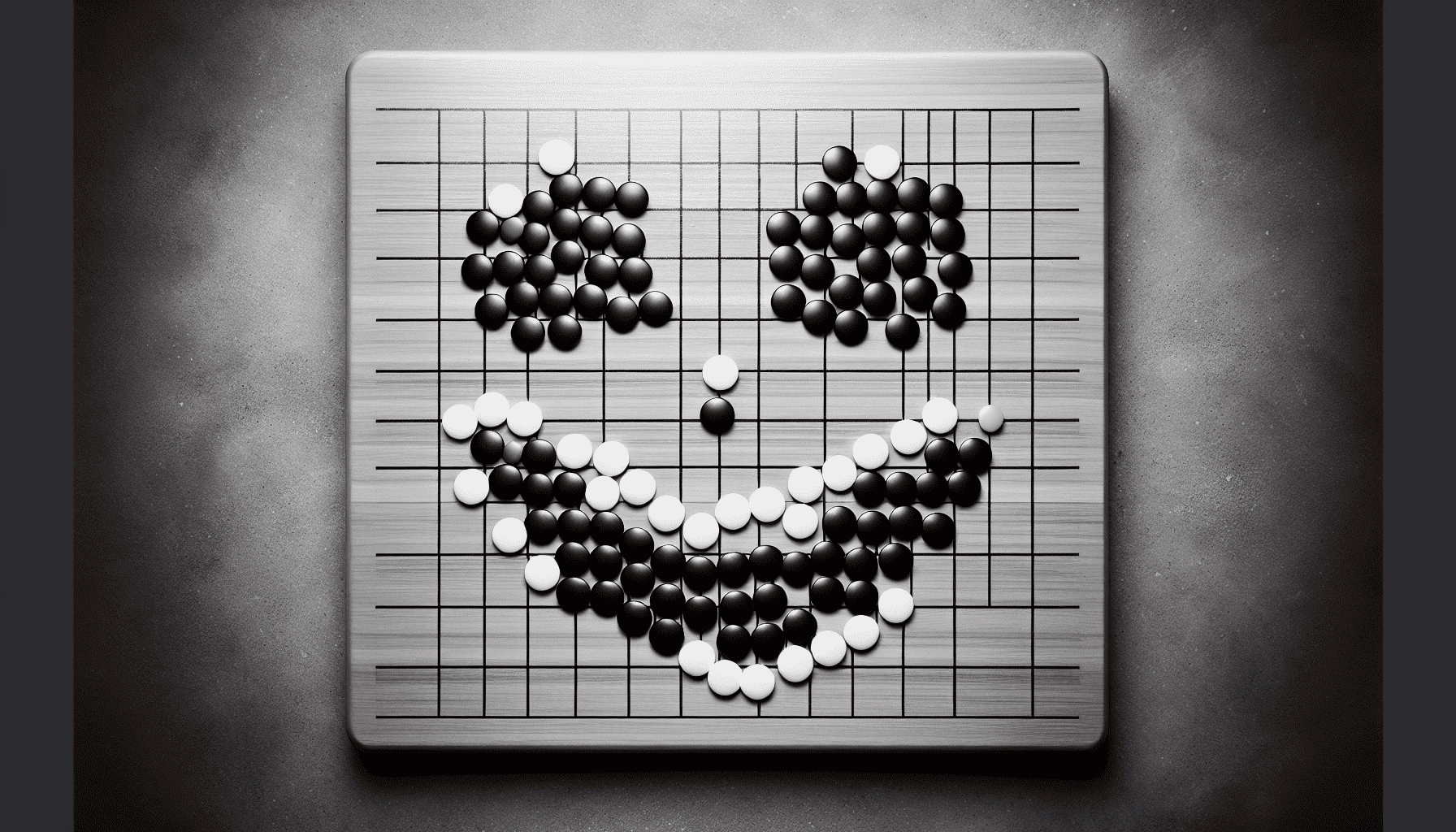A black and white photo of a Go board with the winning stones forming a happy face