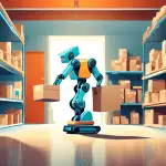 A robot arm carefully placing a package into a delivery box, surrounded by shelves of products in a warehouse.
