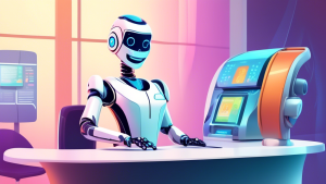 A robot receptionist at a futuristic front desk, assisting human clients with a smile and a helpful attitude