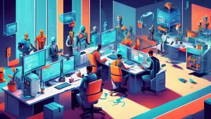 DALL-E Prompt:nA digital illustration depicting a futuristic office with various automated systems and robots efficiently handling tasks such as data processing, file organization, and communication,