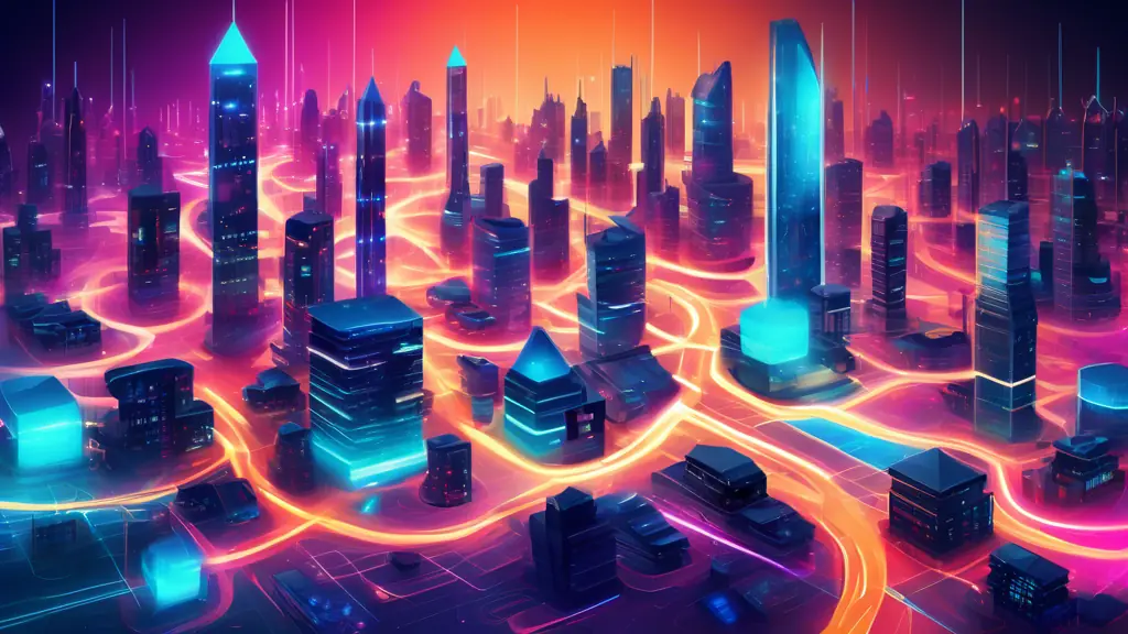 DALL-E Prompt:nA futuristic cityscape with various buildings interconnected by glowing digital pathways, representing the seamless integration and connectivity provided by top business integration pla